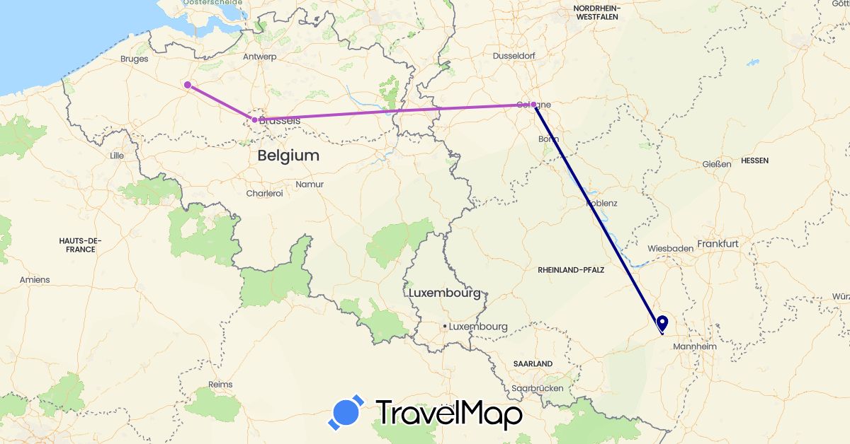 TravelMap itinerary: driving, train in Belgium, Germany (Europe)
